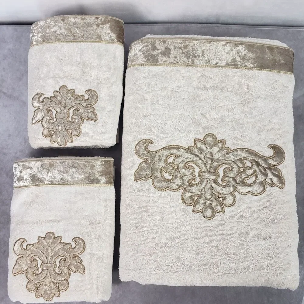 Linum Home 3 Pc Bath Towel Set Beige Turkish Cotton May Embellished